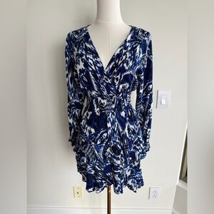 Zara Blue White Abstract Print Wrap Dress S | Boho Tiered Mini, Smocked Waist